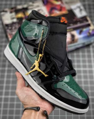 Green Air Jordan 1 Sneakers with a jordan chain attached to Shoe Lace hole